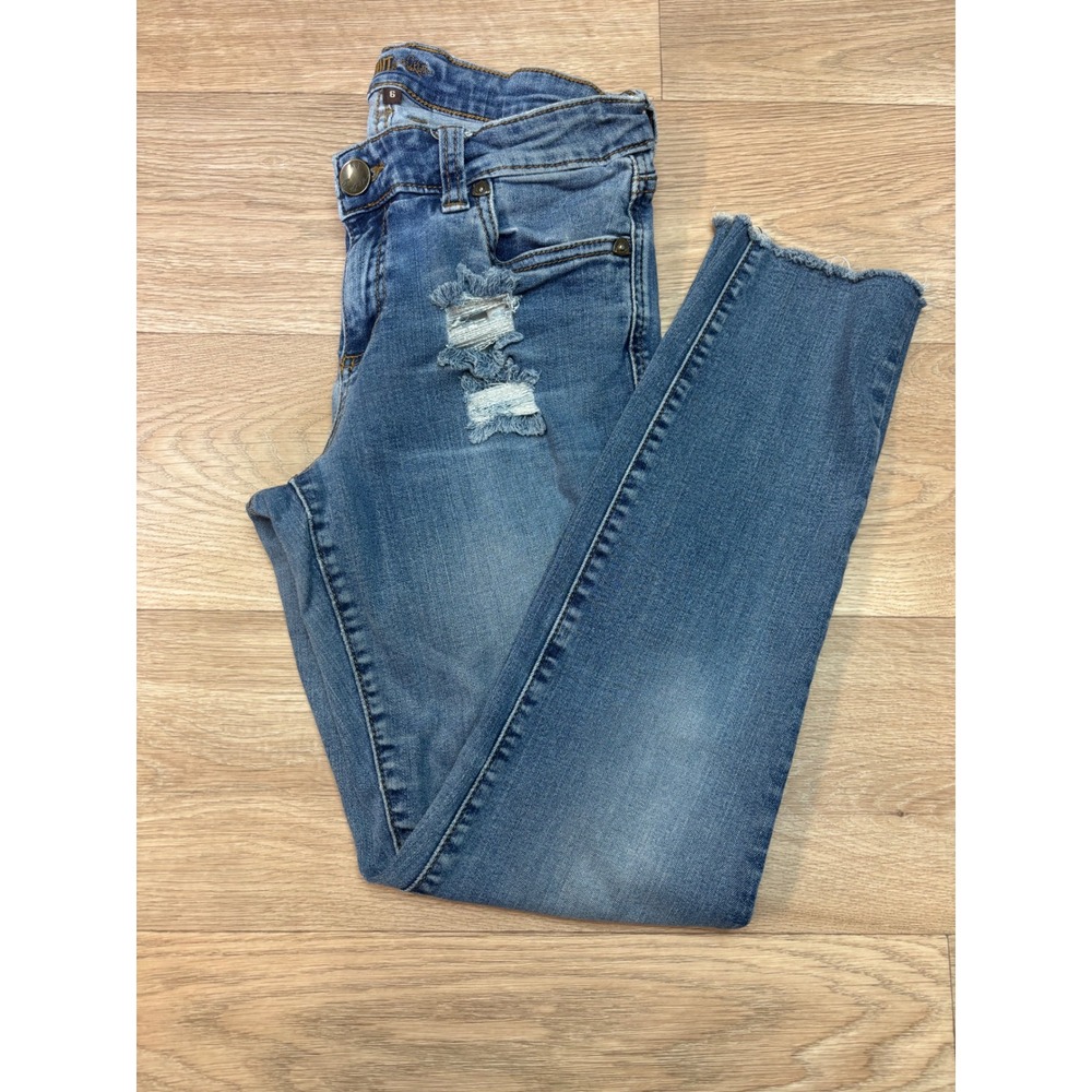 Kut from the Kloth Mia Toothpick Skinny Jeans Medium Wash Distressed Raw Hem 6
